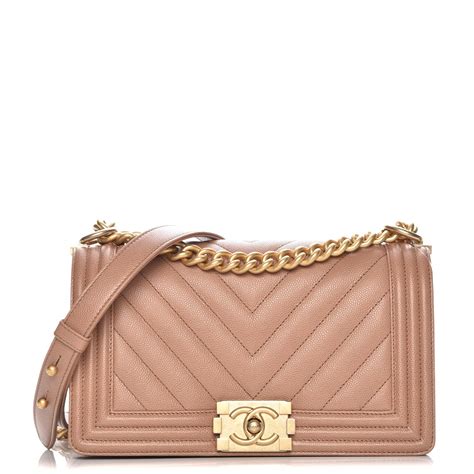 Chanel Light Beige Chevron Quilted Caviar Leather Medium Boy 